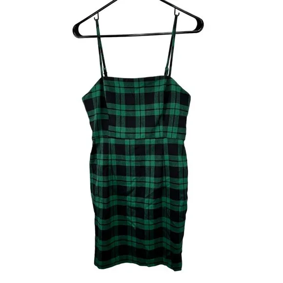 forever 21 green gingham dress The Evette Forest Green Gingham Cotton Zip Front Midi Dress main image 1